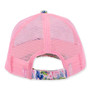 Three-quarter view of a pink trucker hat featuring green palm trees on a sunset-print crown and pink mesh back.