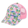 Three-quarter view of a pink trucker hat featuring green palm trees on a sunset-print crown and pink mesh back.