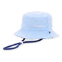 Three-quarter view of a light blue terry cloth bucket hat featuring white embroidered text and an adjustable navy chin strap.