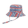 Three-quarter view of a bucket hat featuring red, white, and blue horizontal stripes with small navy star patterns throughout.
