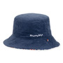 Three-quarter view of a navy blue terry cloth bucket hat featuring white embroidered text and a small metal grommet.