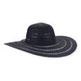 Three-quarter profile view of a black, crocheted straw floppy hat featuring a wide, scalloped brim and ventilated crown with metal logo.