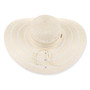 Three-quarter profile view of a cream-colored, crocheted straw floppy hat featuring a wide, scalloped brim and ventilated crown with metal logo.