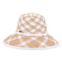 Front view of a white and tan plaid woven straw bucket hat featuring a rounded crown, knotted rope trim, and metal logo.