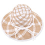 Front view of a white and tan plaid woven straw bucket hat featuring a rounded crown, knotted rope trim, and metal logo.