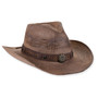 Three-quarter profile view of a dark brown woven western hat featuring a pinched crown, studded leatherette band, and brass concho.