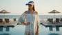 Lifestyle portrait of the Sun N Sand HH3652 Women’s Visor in a blue and white striped pattern, featuring a padded front band with a side metallic brand plate and an open-top design with an adjustable coil sizer for a custom fit and UPF 50+ sun protection.