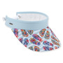 Three-quarter view of a light blue performance visor featuring a flip-flop print brim, white coiled elastic strap, and silver logo-plate.