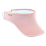 Three-quarter view of a pink performance visor featuring technical mesh fabric, a curved bill, and a small tan logo-plate.