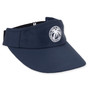 Three-quarter view of a navy performance visor featuring a wide curved bill, circular palm tree logo embroidery, and adjustable strap.