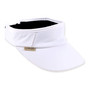 Three-quarter profile view of a tan paperbraid visor featuring a wide brim, sunglass holder loops, and adjustable elastic metal sizer.