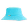 Side view of a soft aqua terry cloth bucket hat featuring a downward-sloping brim and a small gold metal logo-plate.