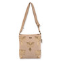 Front view of a rectangular beige woven jute crossbody bag featuring gold embroidered pineapple graphics, an adjustable strap, and metal hardware.