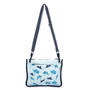 Front view of a rectangular navy crossbody bag featuring colorful flip-flop graphics, a thin adjustable strap, and metal hardware.