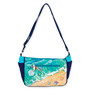 back  view of a rectangular navy crossbody bag featuring colorful flip-flop beach graphics, a slim adjustable strap, and metal hardware.