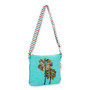side view of a rectangular turquoise crossbody bag featuring colorful embroidered palm trees, a striped adjustable strap, and metal hardware.