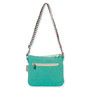 back view of a rectangular turquoise crossbody bag featuring colorful embroidered palm trees, a striped adjustable strap, and metal hardware.