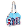 side view of a rectangular blue crossbody bag featuring patriotic flip-flop graphics, red starfish, striped trim, and metal hardware.