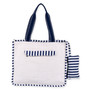 back  view of a rectangular white canvas tote featuring a navy striped anchor, rope detail, matching pouch, and metal hardware.