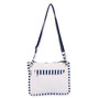 back view of a rectangular white crossbody bag featuring a navy striped anchor emblem, matching striped trim, and metal hardware.