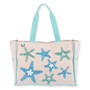 Front view of a rectangular beige canvas tote bag featuring embroidered starfish, colorful contrast trim, wide fabric handles, and metal hardware.