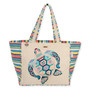 Front view of a rectangular beige tote bag featuring a colorful embroidered sea turtle, striped side panels, and metal hardware.