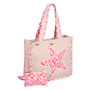 side view of a black quilted tote bag featuring gold embroidered palm trees, woven handles, and silver-toned side hardware