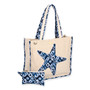 side view of a rectangular beige burlap tote set with blue shibori print starfish, trim, matching zippered pouch, and metal hardware.