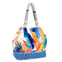 Three-quarter view of a bucket-shaped tote bag featuring colorful tropical leaves, a blue striped base, and textured rope handles.