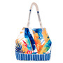 front  view of a bucket-shaped tote bag featuring colorful tropical leaves, a blue striped base, and textured rope handles.