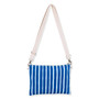 back view of a rectangular crossbody bag featuring a vibrant tropical leaf print, blue striped trim, and cream adjustable strap.