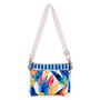 Front view of a rectangular crossbody bag featuring a vibrant tropical leaf print, blue striped trim, and cream adjustable strap.