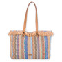 Front view of a rectangular woven tote featuring multi-colored vertical stripes, raffia fringe trim, tan leather handles, and metal rivets.