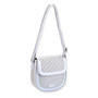 Three-quarter view of a rounded cream paper-braid crossbody bag featuring diagonal textured ridges, smooth faux-leather trim, and adjustable shoulder strap.