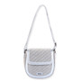 front  view of a rounded cream paper-braid crossbody bag featuring diagonal textured ridges, smooth faux-leather trim, and adjustable shoulder strap.