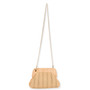 Front view of a trapezoidal beige woven straw clutch featuring a light wood frame, ball clasp, and slender shoulder strap.