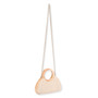 side Front view of a semi-circular woven straw handbag featuring round wood top handles and a delicate silver chain shoulder strap.