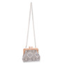 Front view of a trapezoidal black and white geometric pattern fabric clutch featuring a light wood frame and ball clasp.