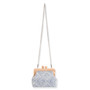 back view of a trapezoidal black and white geometric pattern fabric clutch featuring a light wood frame and ball clasp.