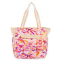 back view of a crescent-shaped canvas hobo bag featuring vertical multi-colored stripes in blue, pink, orange, and yellow tones.
