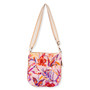 Front view of a rectangular pink canvas crossbody bag featuring a vibrant tropical floral print and adjustable cream fabric strap.