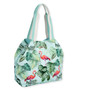 side view of a crescent-shaped mint canvas hobo bag featuring a flamingo and tropical leaf print with cream fabric handles.