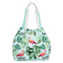 front Three-quarter view of a crescent-shaped mint canvas hobo bag featuring a flamingo and tropical leaf print with cream fabric handles.