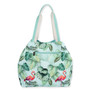 back Three-quarter view of a crescent-shaped mint canvas hobo bag featuring a flamingo and tropical leaf print with cream fabric handles.