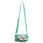 Front view of a rectangular beige canvas tote bag featuring green and pink tropical leaf straps and matching accessory pouch.