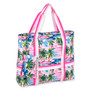 side  view of a rectangular canvas tote featuring a pink tropical palm tree print, striped fabric handles, and matching accessory pouch.