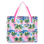 back  view of a rectangular canvas tote featuring a pink tropical palm tree print, striped fabric handles, and matching accessory pouch.