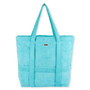 Front view of a rectangular aqua blue terry cloth tote bag featuring matching plush fabric handles and a small rectangular logo.