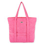 Front view of a rectangular pink terry cloth tote bag featuring matching plush fabric handles and a small rectangular logo.