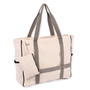 Three-quarter view of a rectangular cream canvas tote bag featuring grey checkered straps, metal D-ring hardware, and matching side pouch.